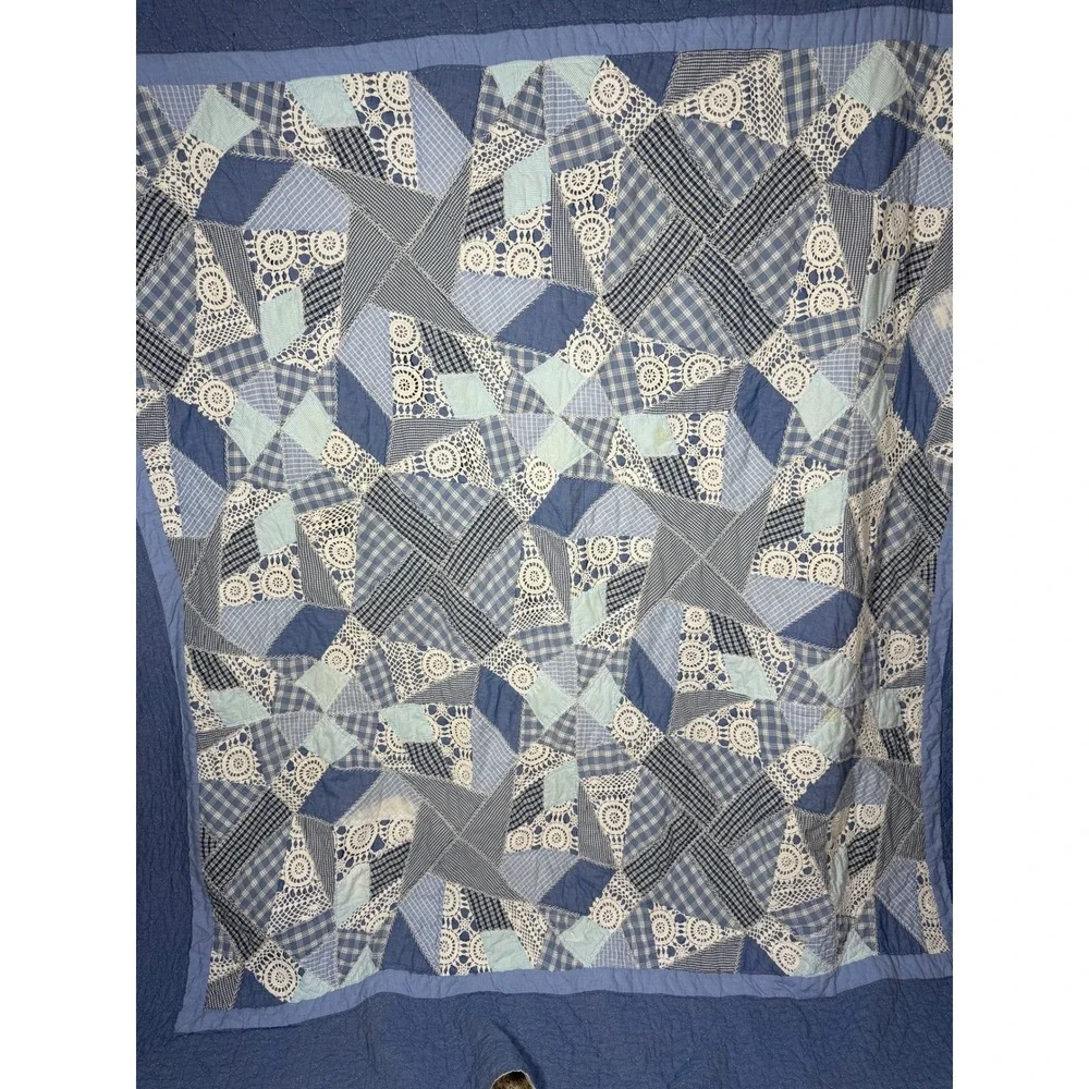 Vtg Handmade Blue Patchwork Crazy Quilt Crochet Lace Gingham Cottagecore READ